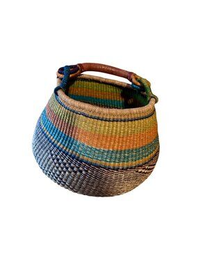 Colorful Woven Bolga Market Basket Leather Handle